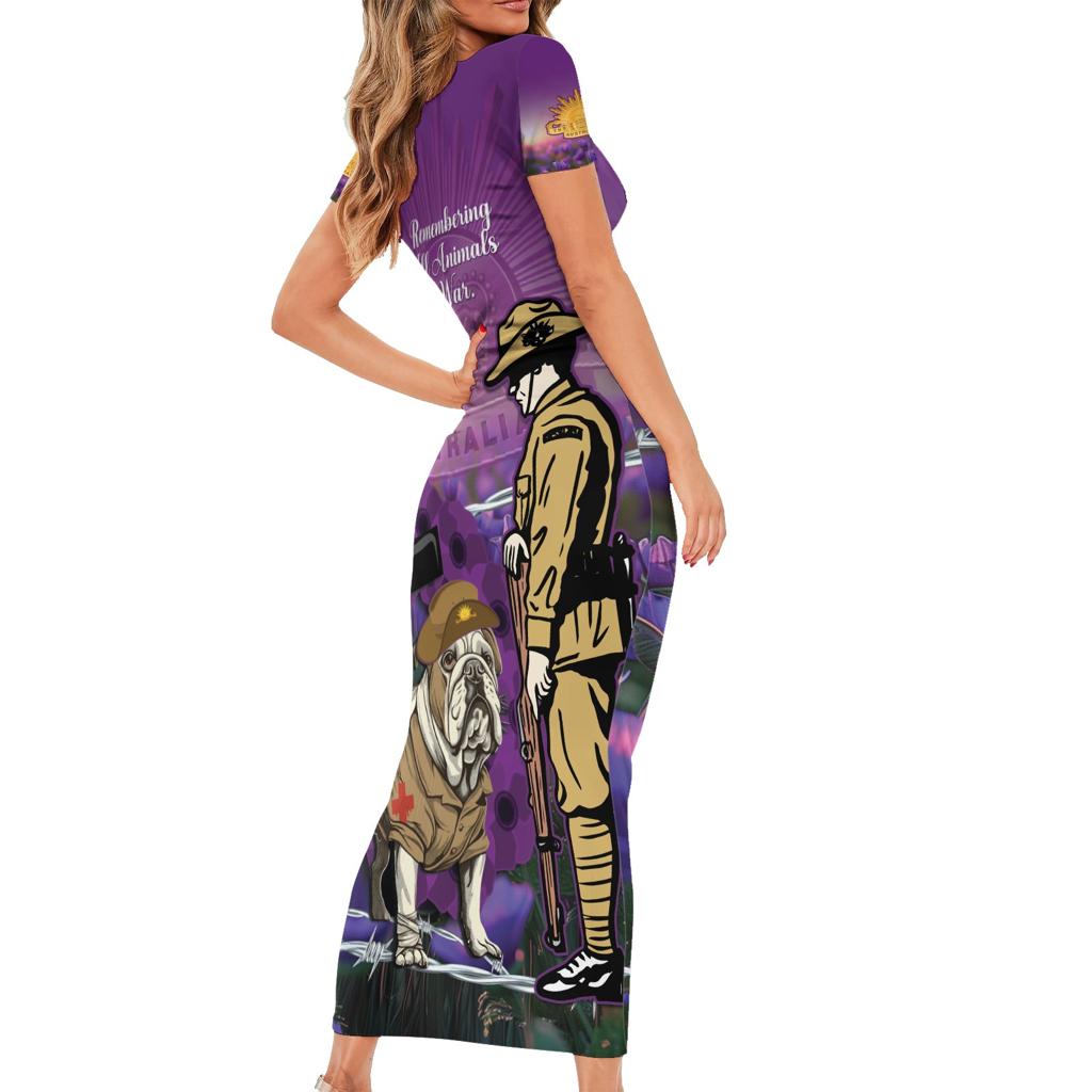 Australia Dog Heroes ANZAC Family Matching Short Sleeve Bodycon Dress and Hawaiian Shirt Remembering All Animals In War Purple Poppies