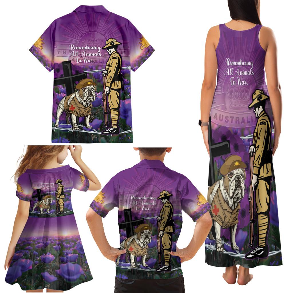 Australia Dog Heroes ANZAC Family Matching Tank Maxi Dress and Hawaiian Shirt Remembering All Animals In War Purple Poppies