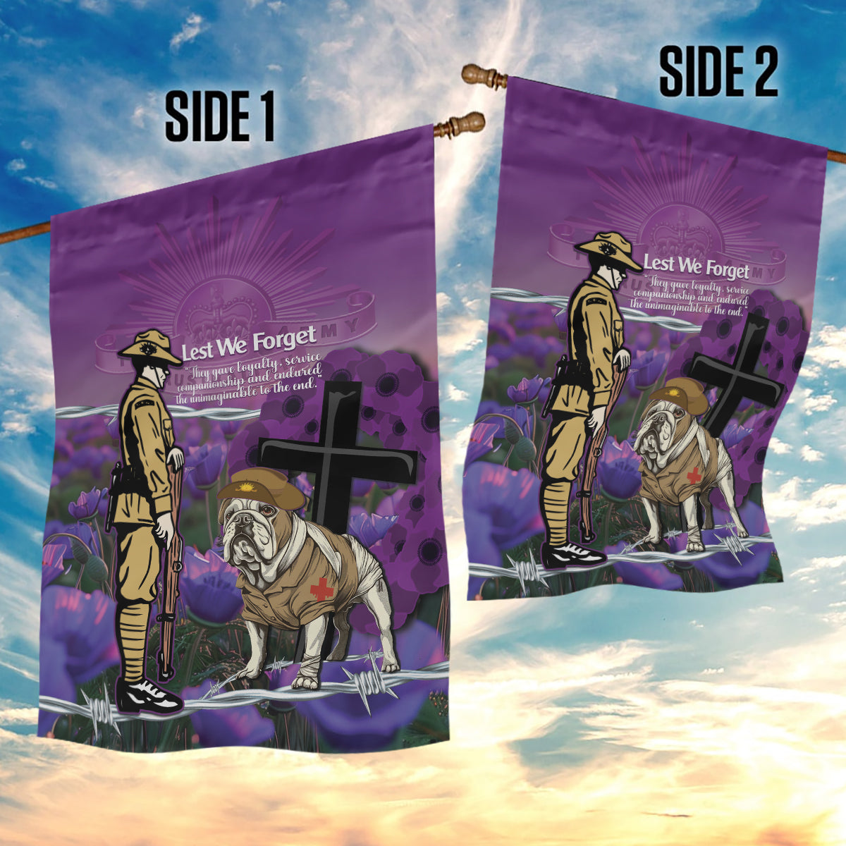 Australia Dog Heroes ANZAC Garden Flag Remembering All Animals In War Purple Poppies