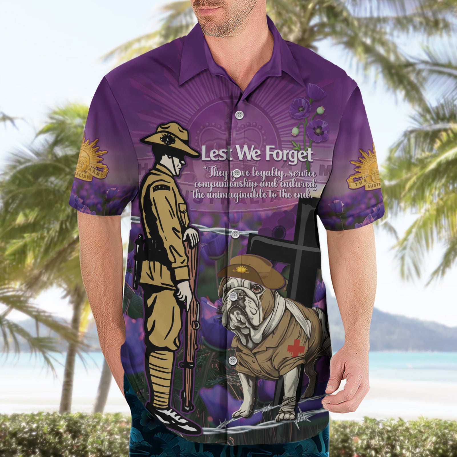 Australia Dog Heroes ANZAC Hawaiian Shirt Remembering All Animals In War Purple Poppies
