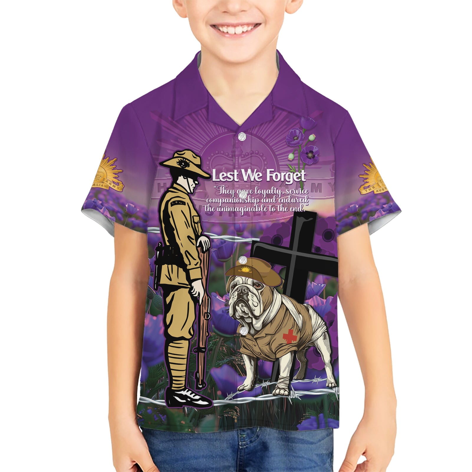 Australia Dog Heroes ANZAC Hawaiian Shirt Remembering All Animals In War Purple Poppies