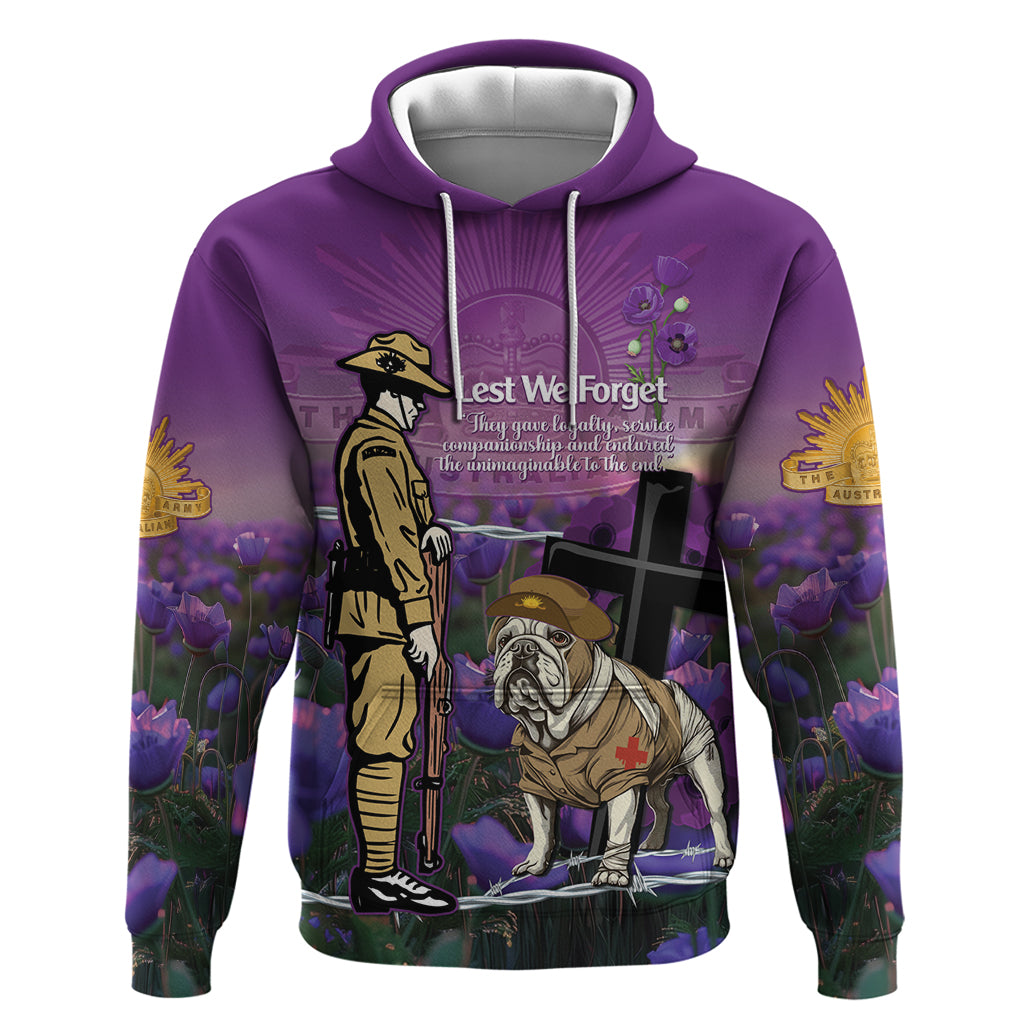 Australia Dog Heroes ANZAC Hoodie Remembering All Animals In War Purple Poppies