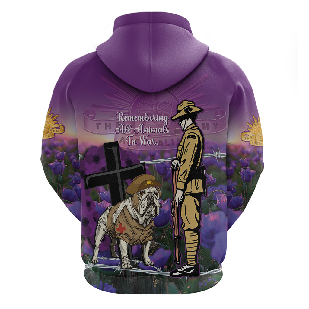 Australia Dog Heroes ANZAC Hoodie Remembering All Animals In War Purple Poppies
