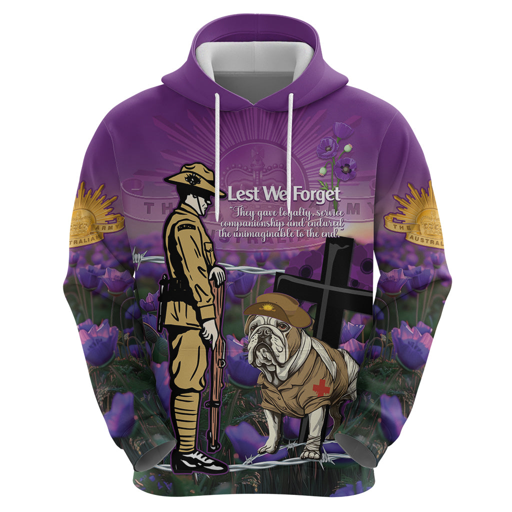 Australia Dog Heroes ANZAC Hoodie Remembering All Animals In War Purple Poppies