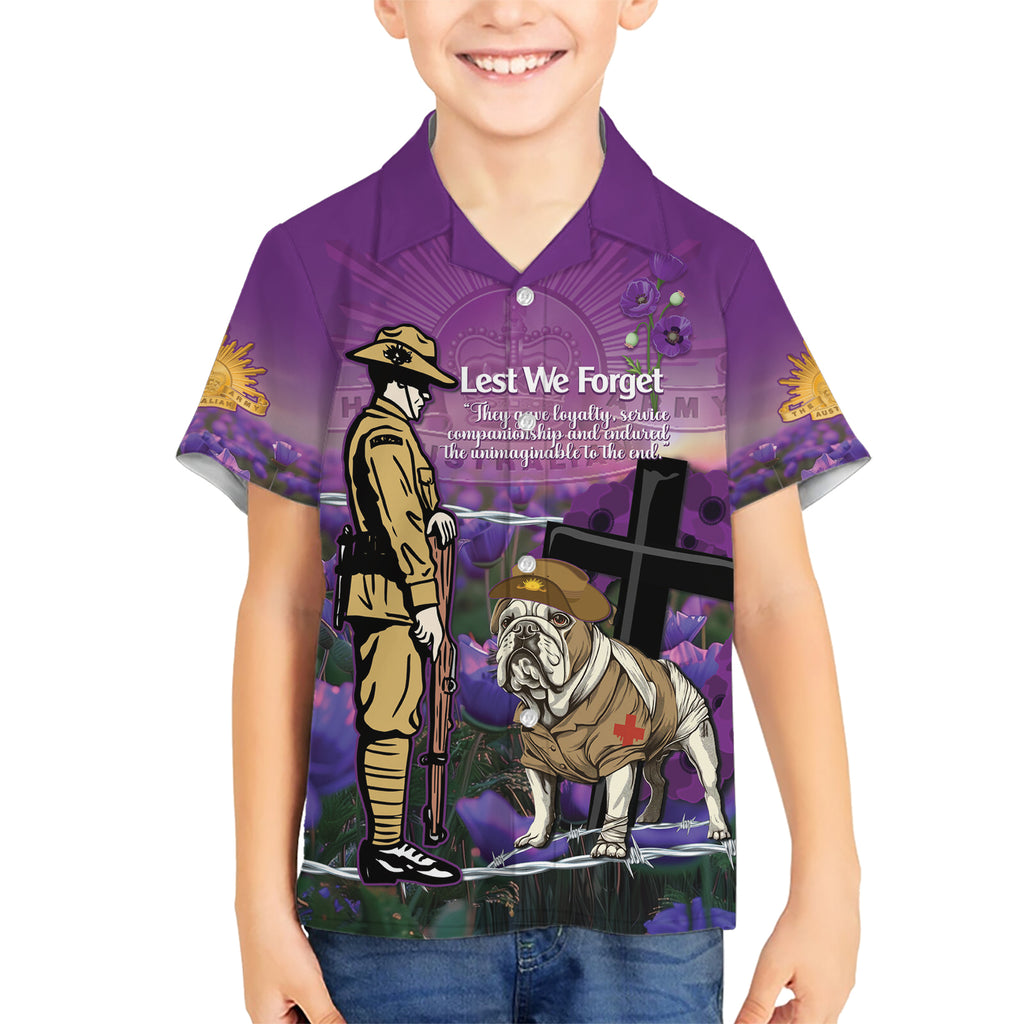 Australia Dog Heroes ANZAC Kid Hawaiian Shirt Remembering All Animals In War Purple Poppies