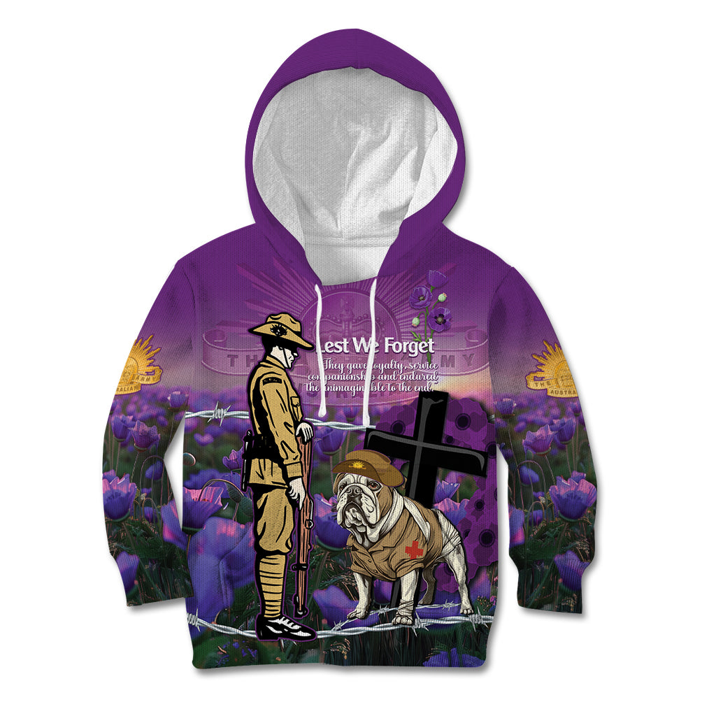 Australia Dog Heroes ANZAC Kid Hoodie Remembering All Animals In War Purple Poppies