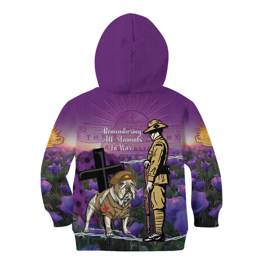 Australia Dog Heroes ANZAC Kid Hoodie Remembering All Animals In War Purple Poppies