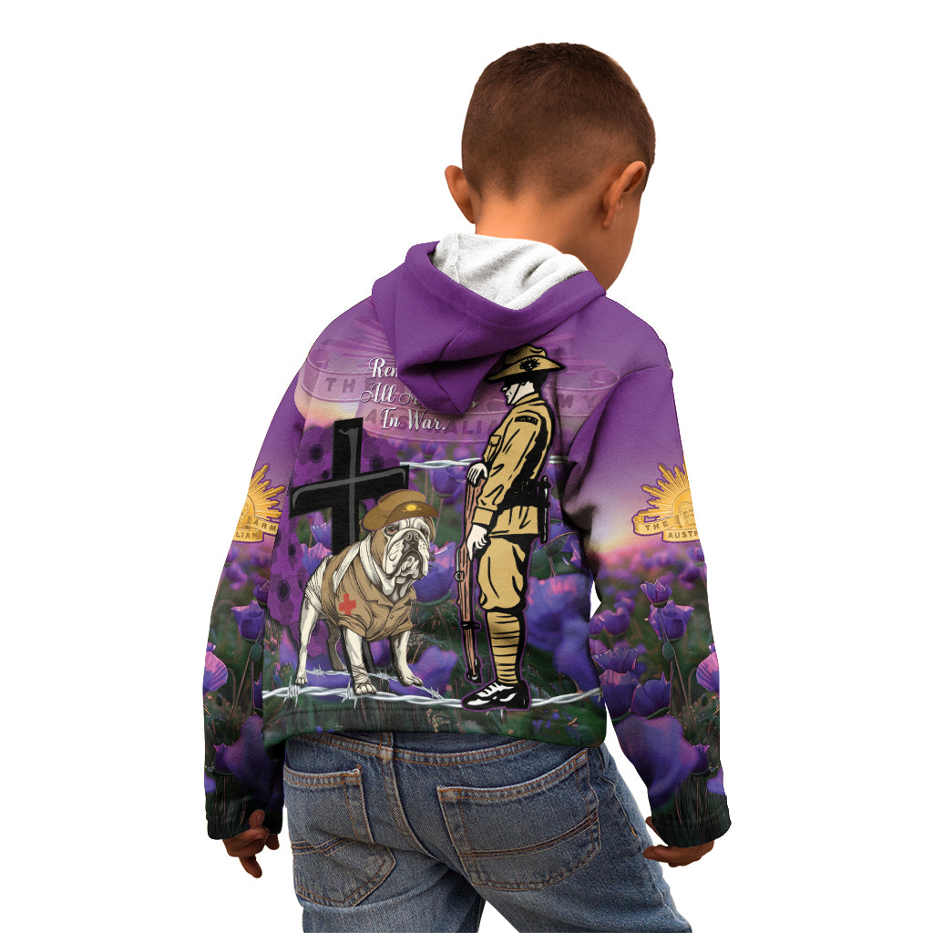 Australia Dog Heroes ANZAC Kid Hoodie Remembering All Animals In War Purple Poppies