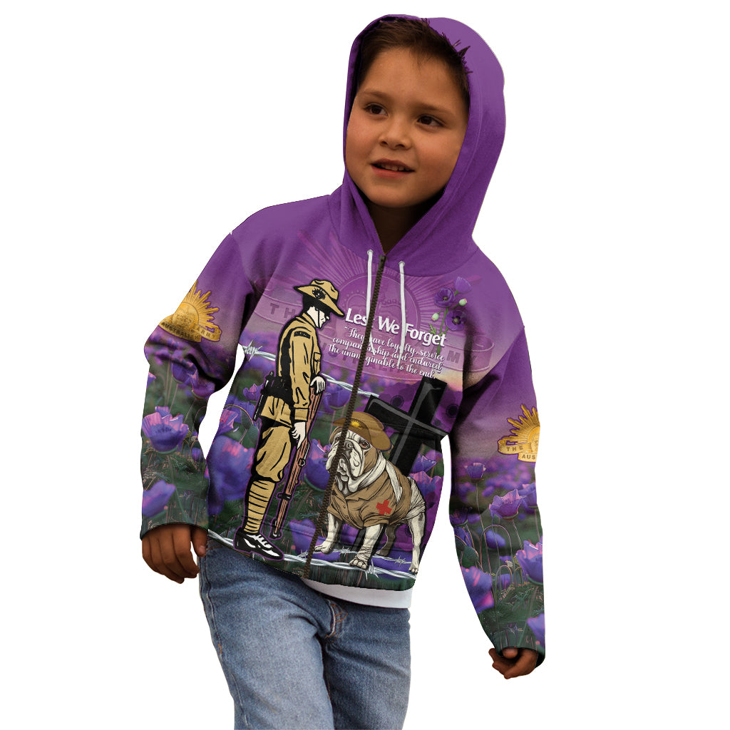 Australia Dog Heroes ANZAC Kid Hoodie Remembering All Animals In War Purple Poppies