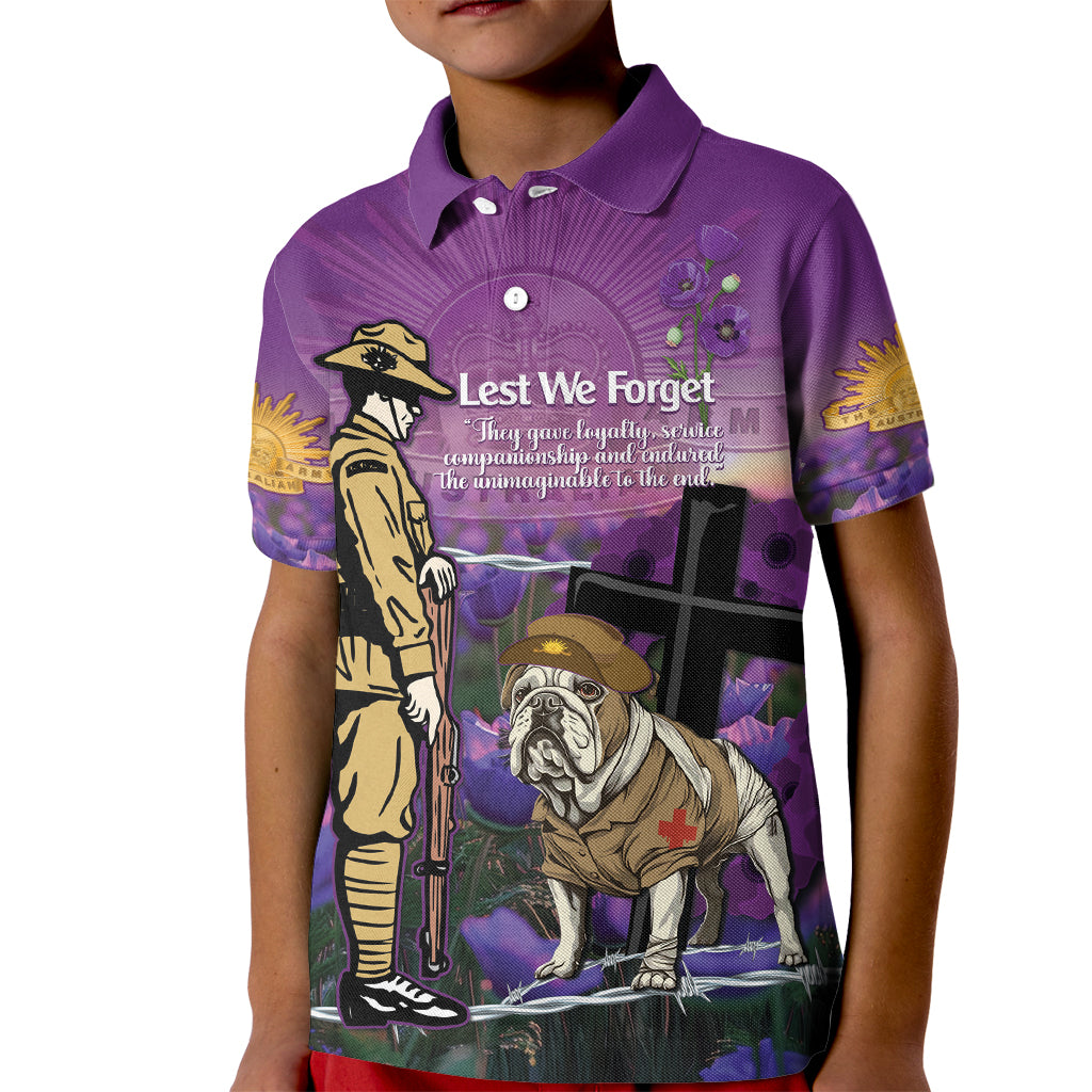 Australia Dog Heroes ANZAC Kid Polo Shirt Remembering All Animals In War Purple Poppies