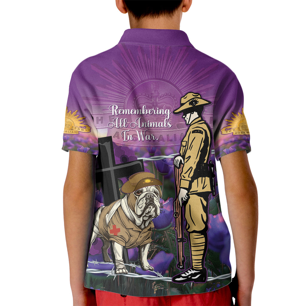 Australia Dog Heroes ANZAC Kid Polo Shirt Remembering All Animals In War Purple Poppies