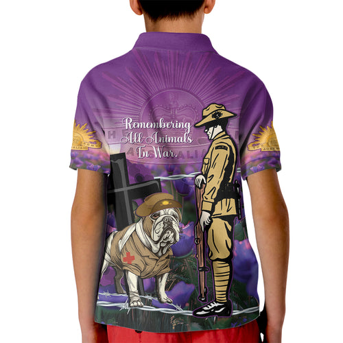 Australia Dog Heroes ANZAC Kid Polo Shirt Remembering All Animals In War Purple Poppies