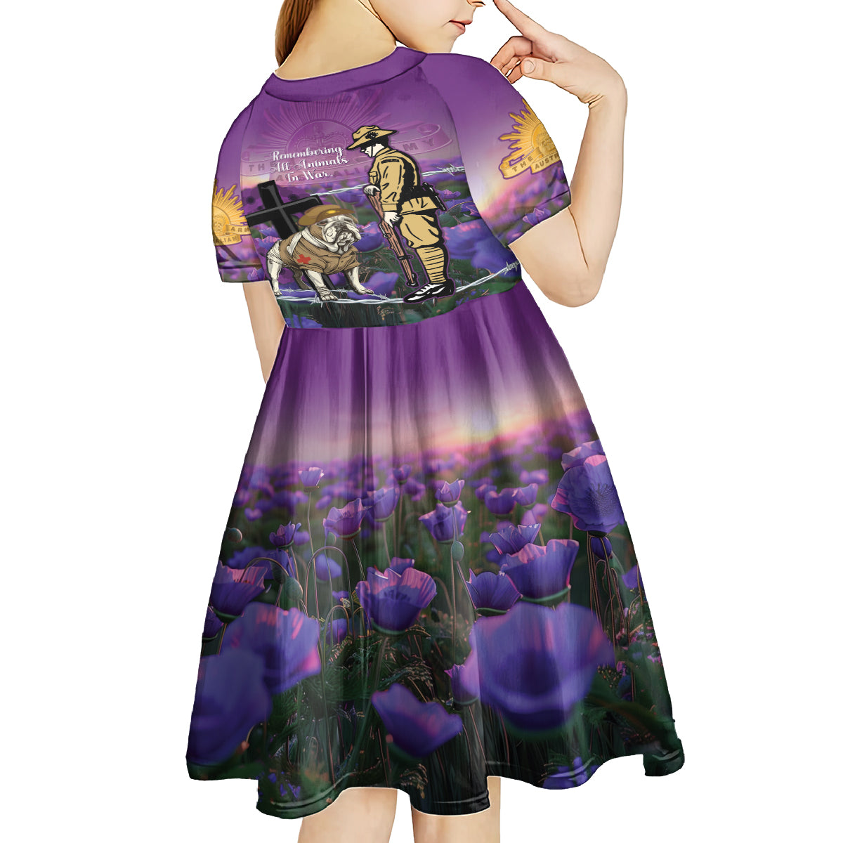 Australia Dog Heroes ANZAC Kid Short Sleeve Dress Remembering All Animals In War Purple Poppies