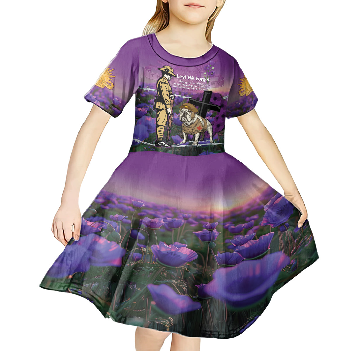 Australia Dog Heroes ANZAC Kid Short Sleeve Dress Remembering All Animals In War Purple Poppies