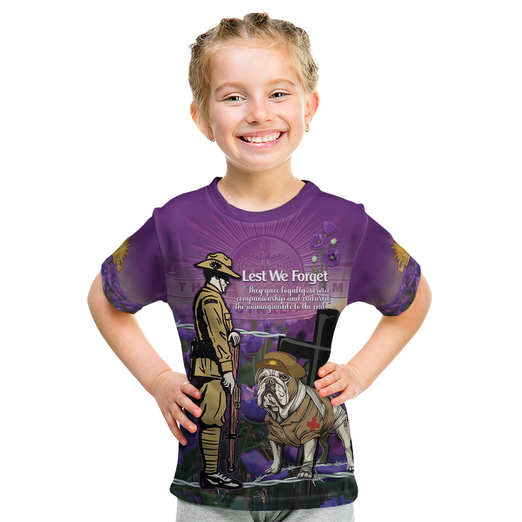 Australia Dog Heroes ANZAC Kid T Shirt Remembering All Animals In War Purple Poppies
