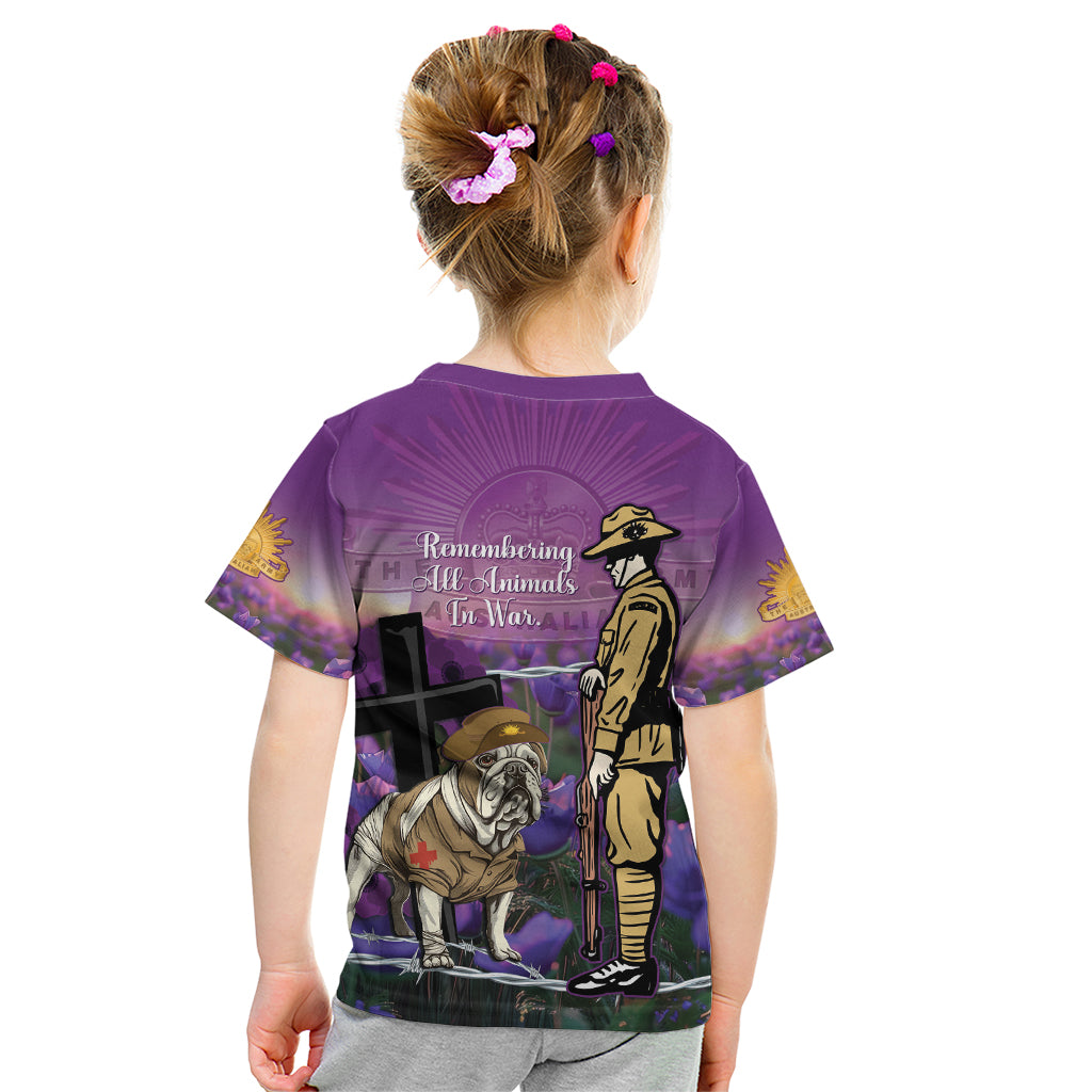Australia Dog Heroes ANZAC Kid T Shirt Remembering All Animals In War Purple Poppies