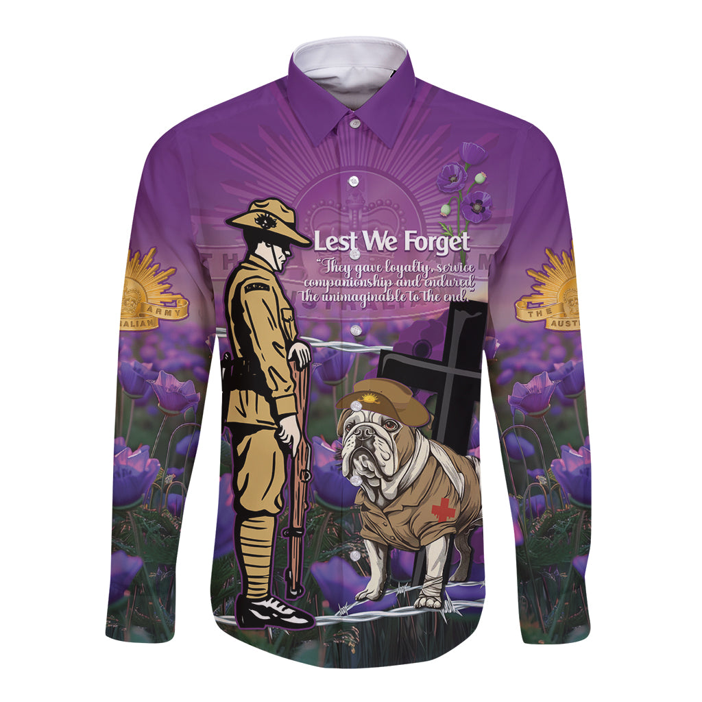 Australia Dog Heroes ANZAC Long Sleeve Button Shirt Remembering All Animals In War Purple Poppies