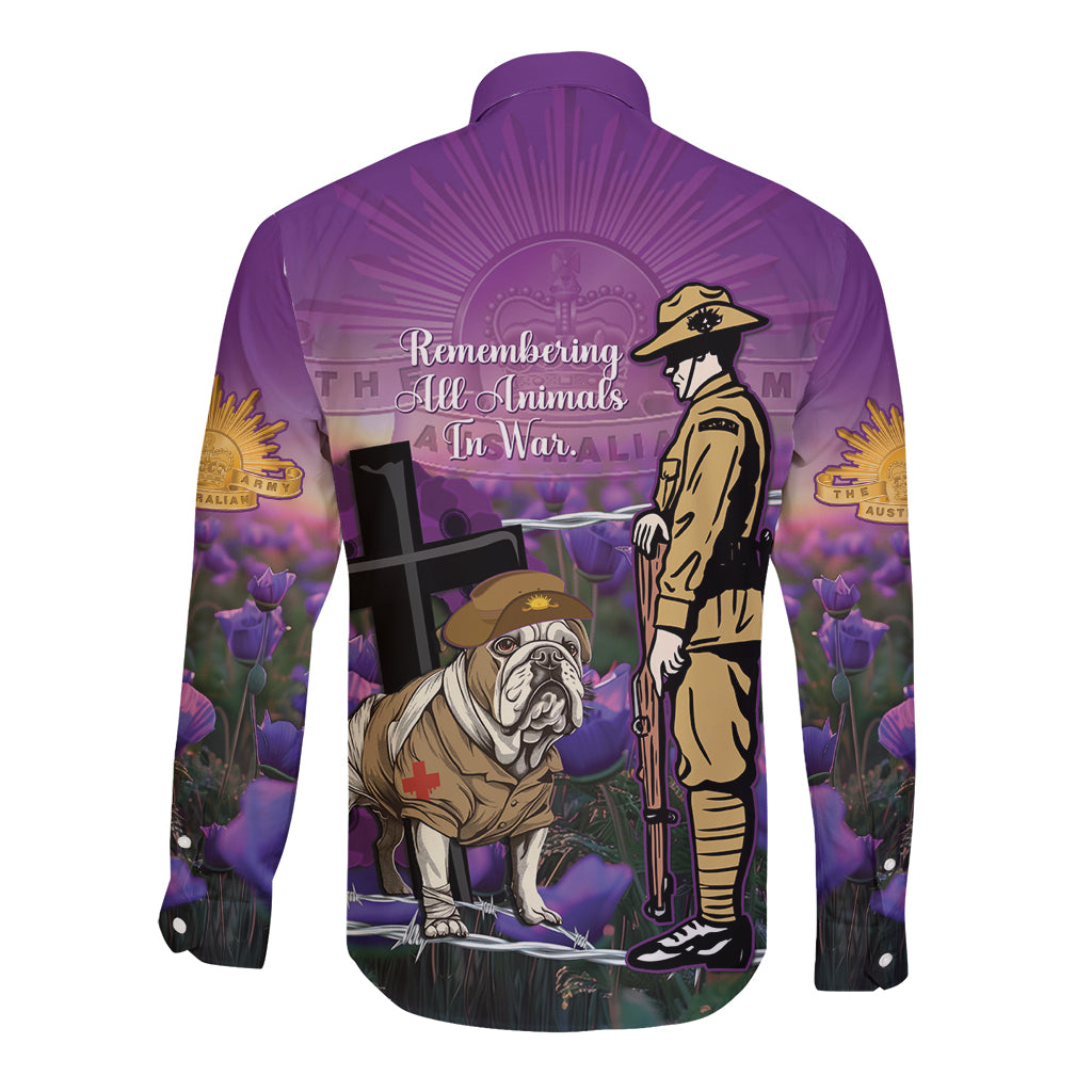 Australia Dog Heroes ANZAC Long Sleeve Button Shirt Remembering All Animals In War Purple Poppies