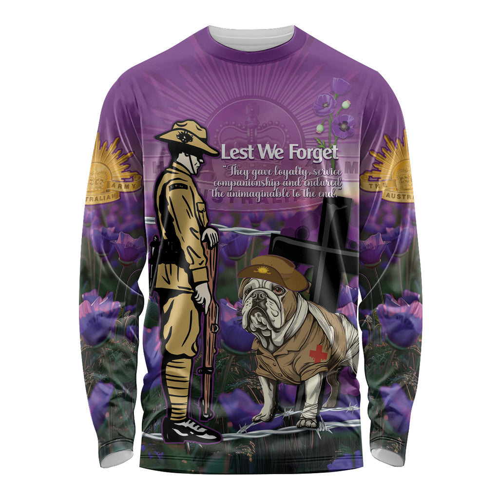 Australia Dog Heroes ANZAC Long Sleeve Shirt Remembering All Animals In War Purple Poppies