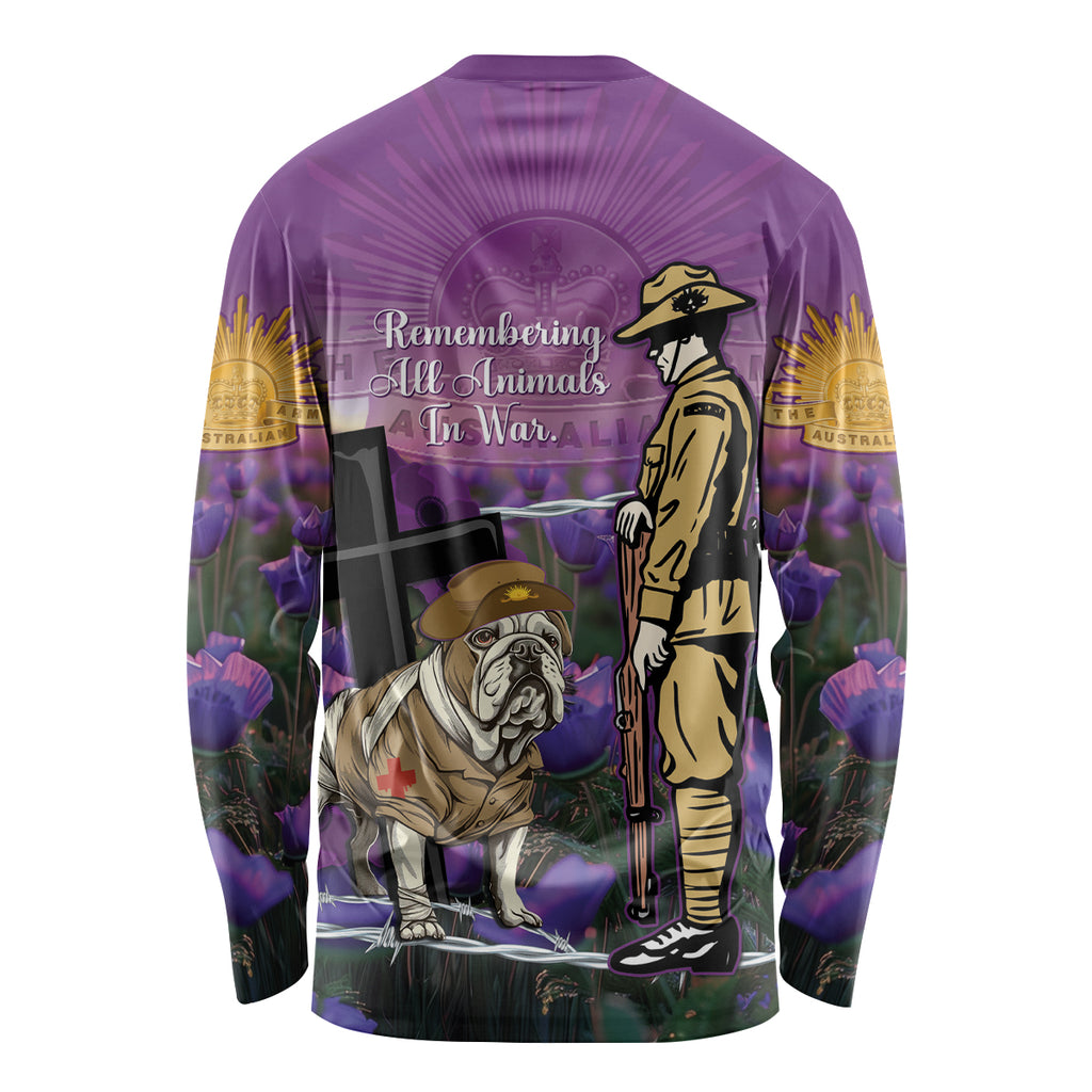 Australia Dog Heroes ANZAC Long Sleeve Shirt Remembering All Animals In War Purple Poppies