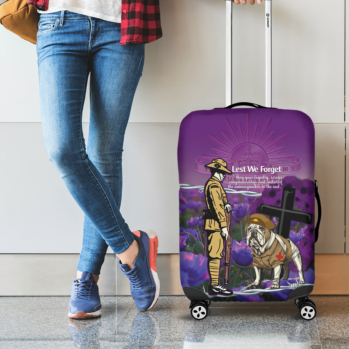 Australia Dog Heroes ANZAC Luggage Cover Remembering All Animals In War Purple Poppies