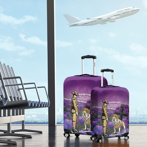 Australia Dog Heroes ANZAC Luggage Cover Remembering All Animals In War Purple Poppies