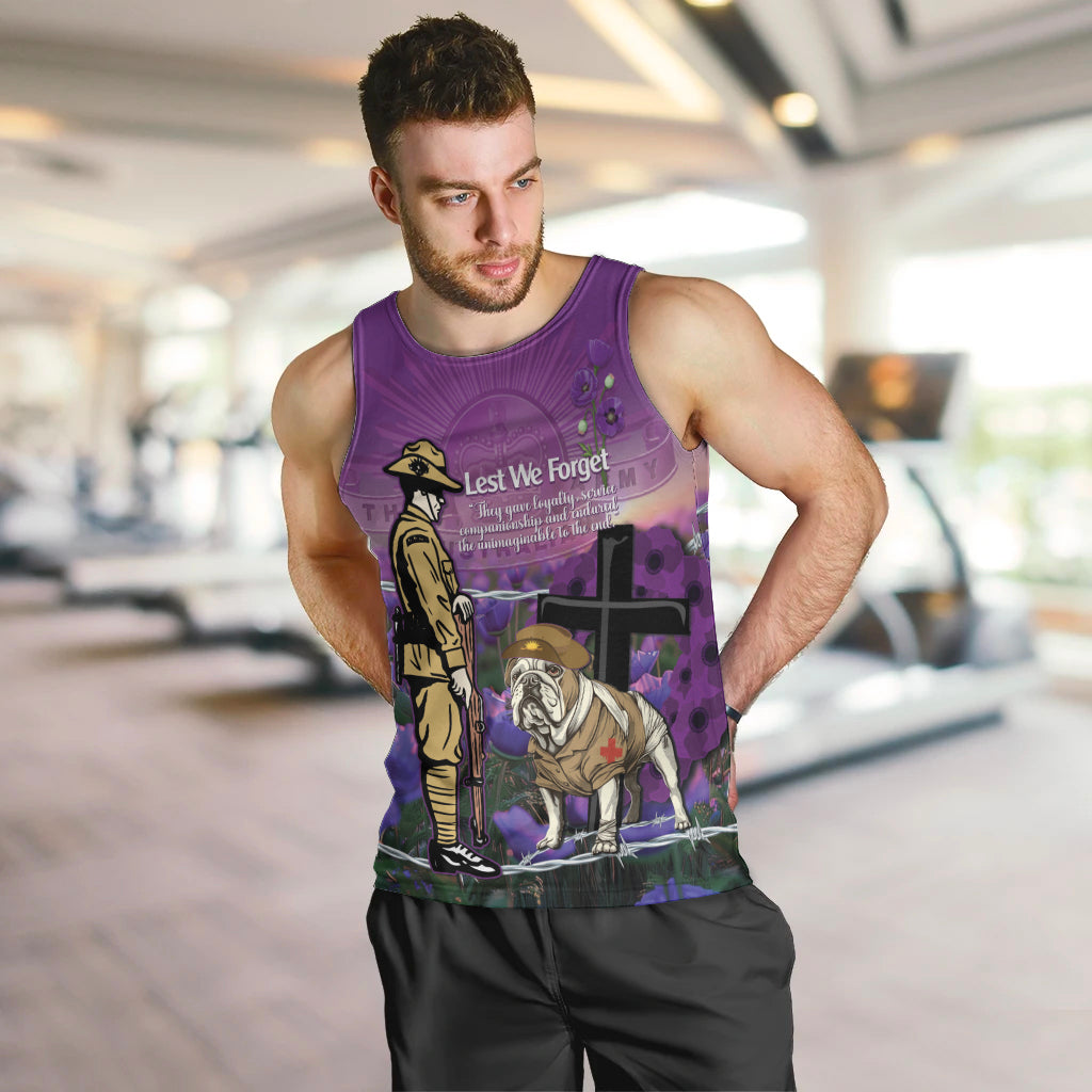 Australia Dog Heroes ANZAC Men Tank Top Remembering All Animals In War Purple Poppies
