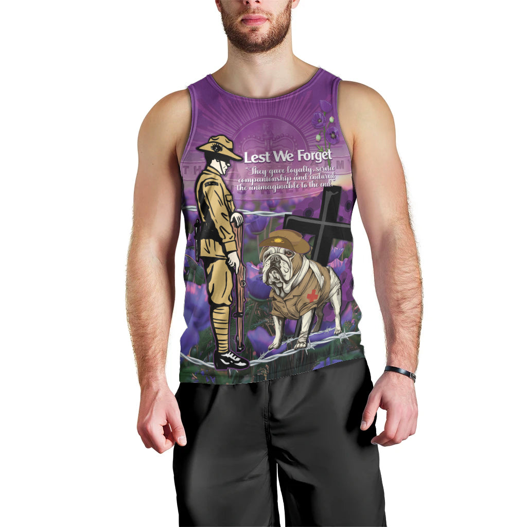 Australia Dog Heroes ANZAC Men Tank Top Remembering All Animals In War Purple Poppies