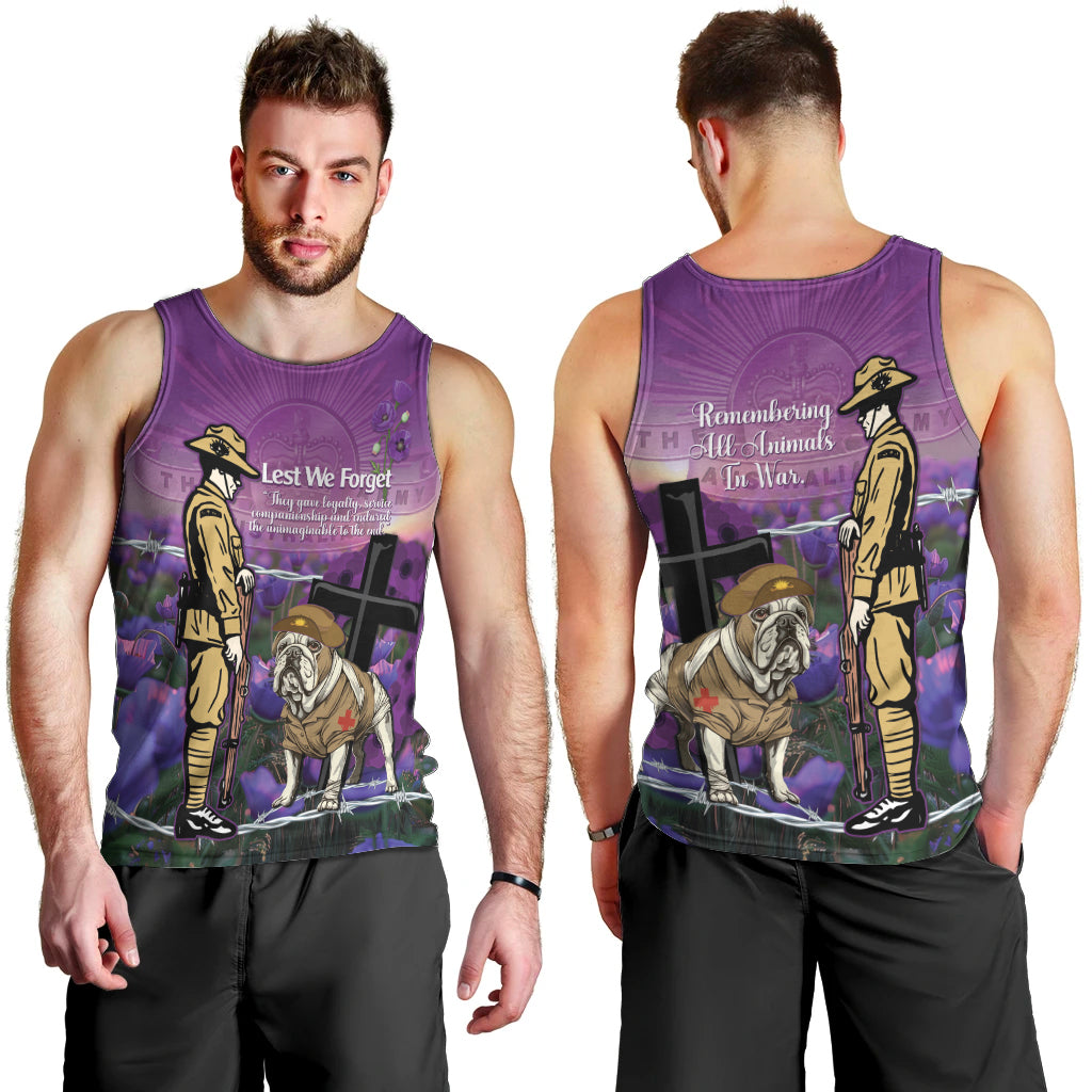 Australia Dog Heroes ANZAC Men Tank Top Remembering All Animals In War Purple Poppies