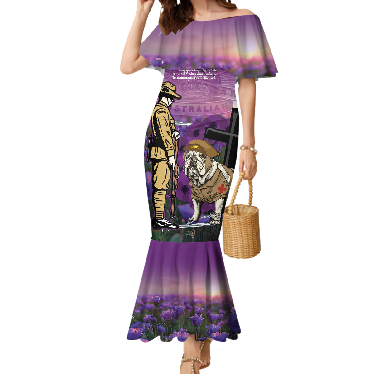 Australia Dog Heroes ANZAC Mermaid Dress Remembering All Animals In War Purple Poppies