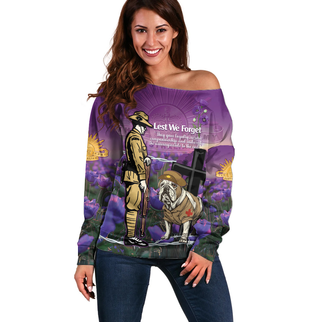 Australia Dog Heroes ANZAC Off Shoulder Sweater Remembering All Animals In War Purple Poppies