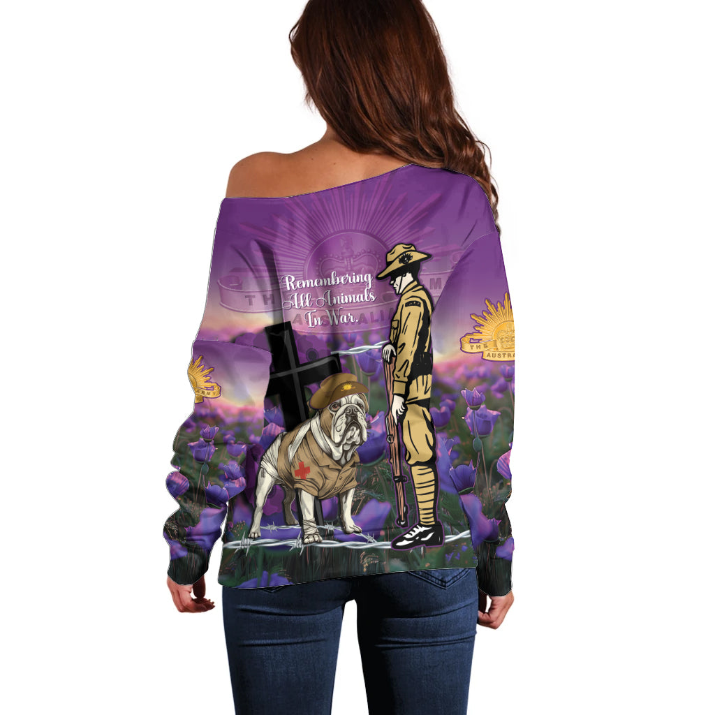 Australia Dog Heroes ANZAC Off Shoulder Sweater Remembering All Animals In War Purple Poppies