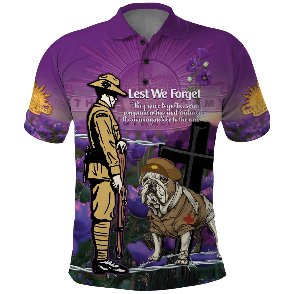 Australia Dog Heroes ANZAC Polo Shirt Remembering All Animals In War Purple Poppies