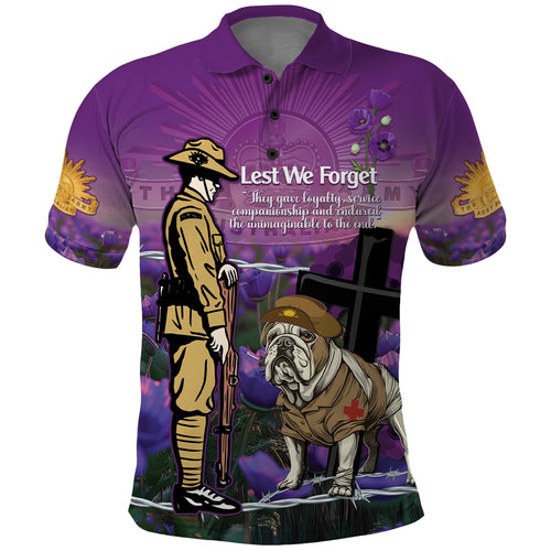Australia Dog Heroes ANZAC Polo Shirt Remembering All Animals In War Purple Poppies
