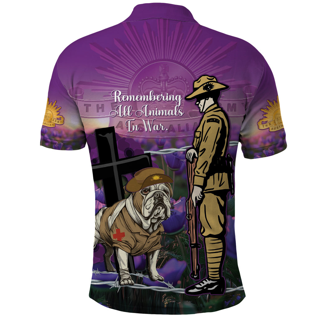 Australia Dog Heroes ANZAC Polo Shirt Remembering All Animals In War Purple Poppies