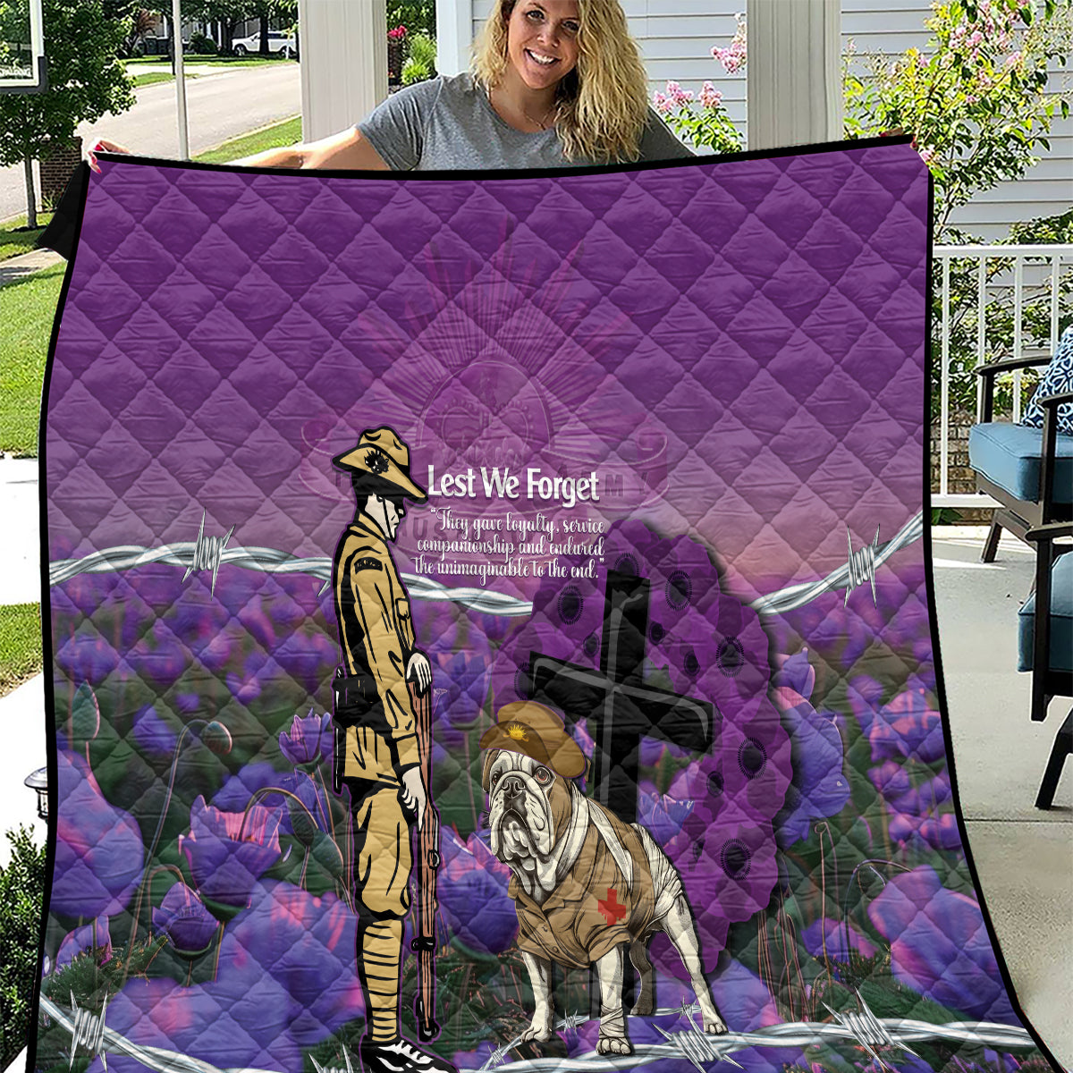 Australia Dog Heroes ANZAC Quilt Remembering All Animals In War Purple Poppies