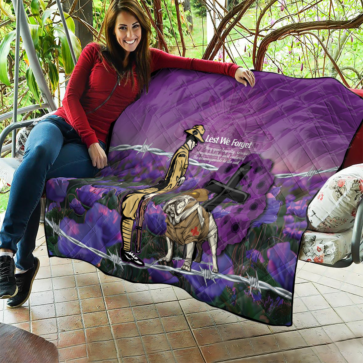 Australia Dog Heroes ANZAC Quilt Remembering All Animals In War Purple Poppies