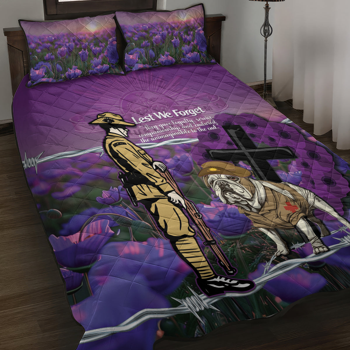 Australia Dog Heroes ANZAC Quilt Bed Set Remembering All Animals In War Purple Poppies