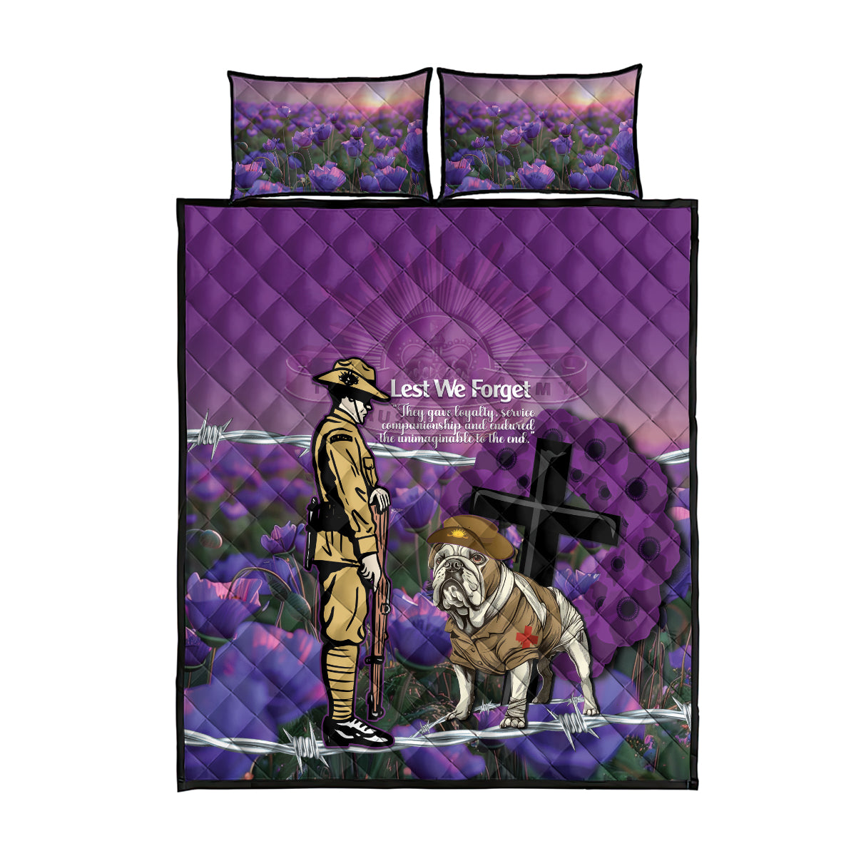 Australia Dog Heroes ANZAC Quilt Bed Set Remembering All Animals In War Purple Poppies