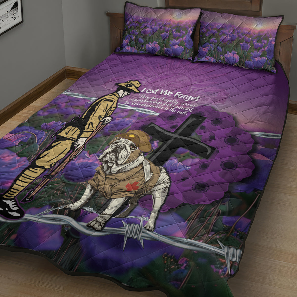 Australia Dog Heroes ANZAC Quilt Bed Set Remembering All Animals In War Purple Poppies