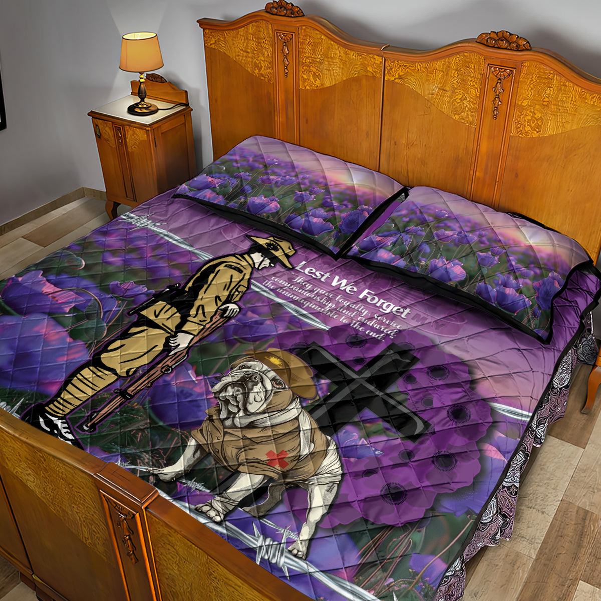 Australia Dog Heroes ANZAC Quilt Bed Set Remembering All Animals In War Purple Poppies