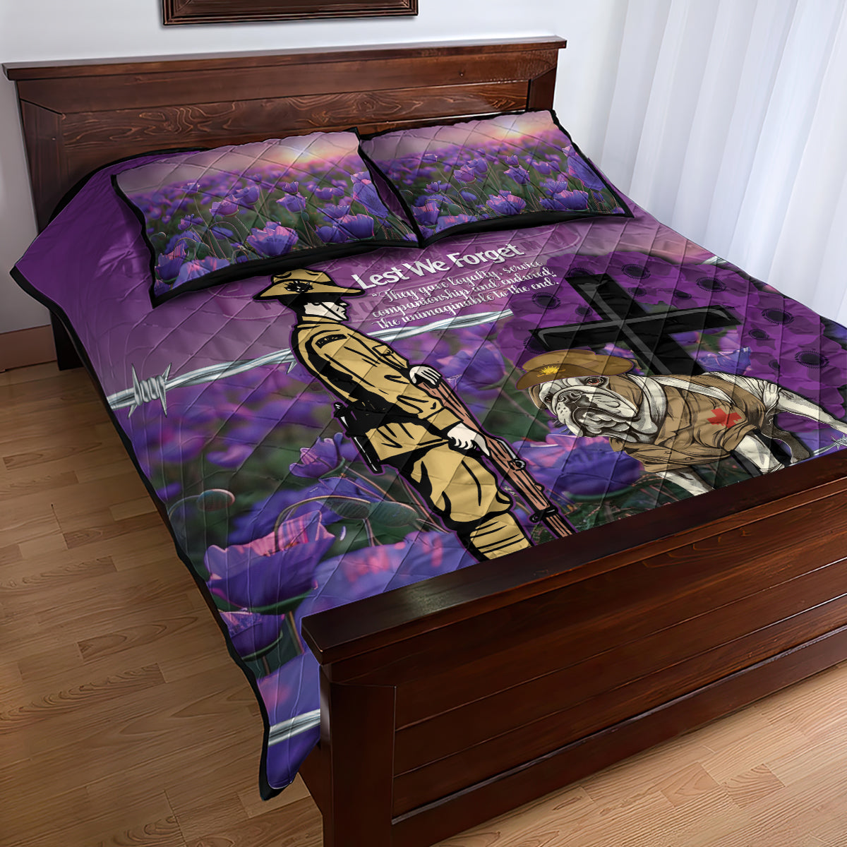 Australia Dog Heroes ANZAC Quilt Bed Set Remembering All Animals In War Purple Poppies