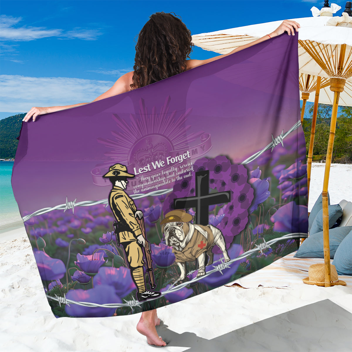 Australia Dog Heroes ANZAC Sarong Remembering All Animals In War Purple Poppies