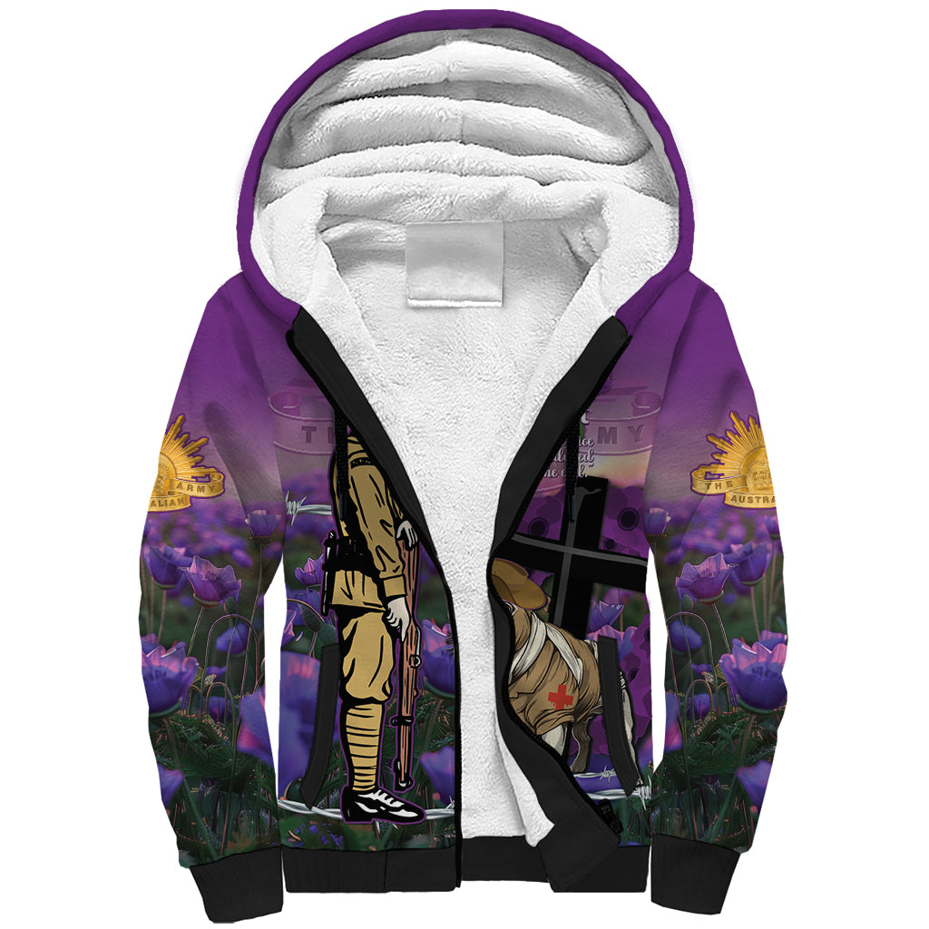Australia Dog Heroes ANZAC Sherpa Hoodie Remembering All Animals In War Purple Poppies
