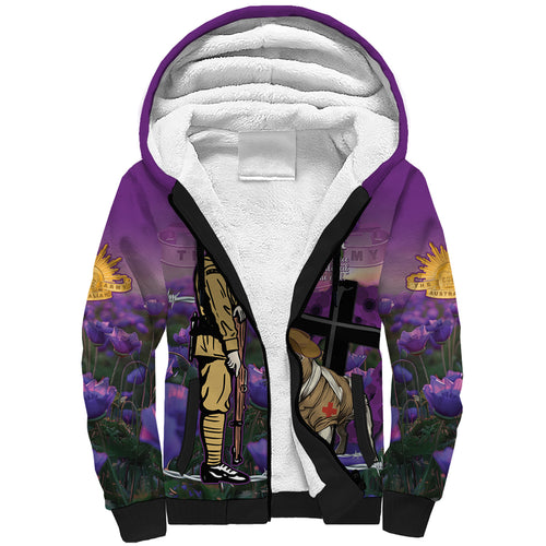 Australia Dog Heroes ANZAC Sherpa Hoodie Remembering All Animals In War Purple Poppies