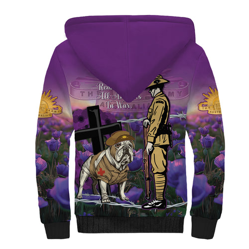 Australia Dog Heroes ANZAC Sherpa Hoodie Remembering All Animals In War Purple Poppies