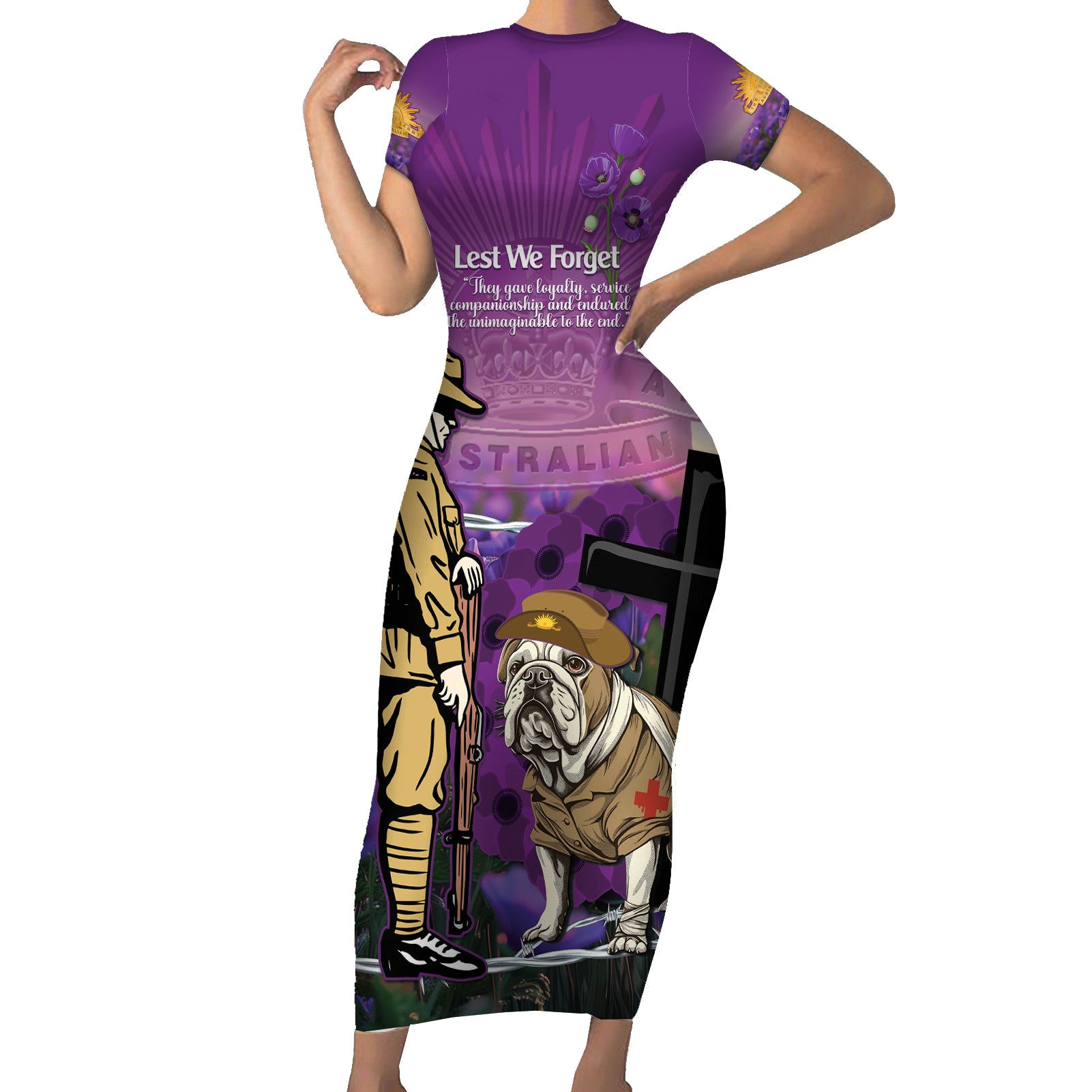 Australia Dog Heroes ANZAC Short Sleeve Bodycon Dress Remembering All Animals In War Purple Poppies