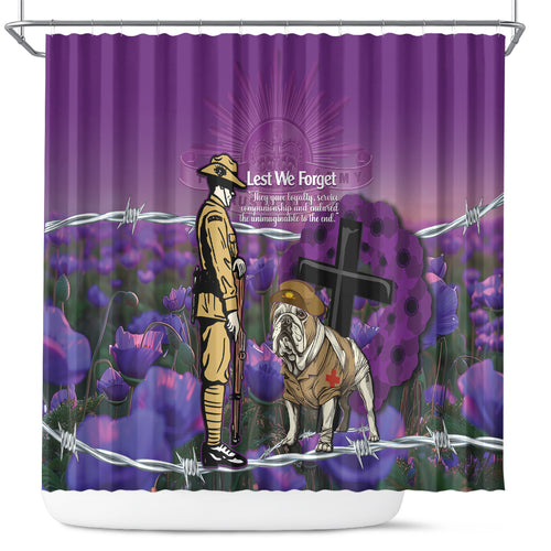 Australia Dog Heroes ANZAC Shower Curtain Remembering All Animals In War Purple Poppies