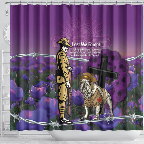 Australia Dog Heroes ANZAC Shower Curtain Remembering All Animals In War Purple Poppies