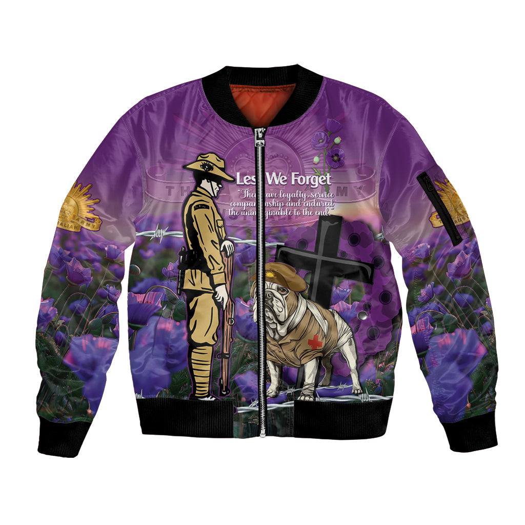 Australia Dog Heroes ANZAC Sleeve Zip Bomber Jacket Remembering All Animals In War Purple Poppies